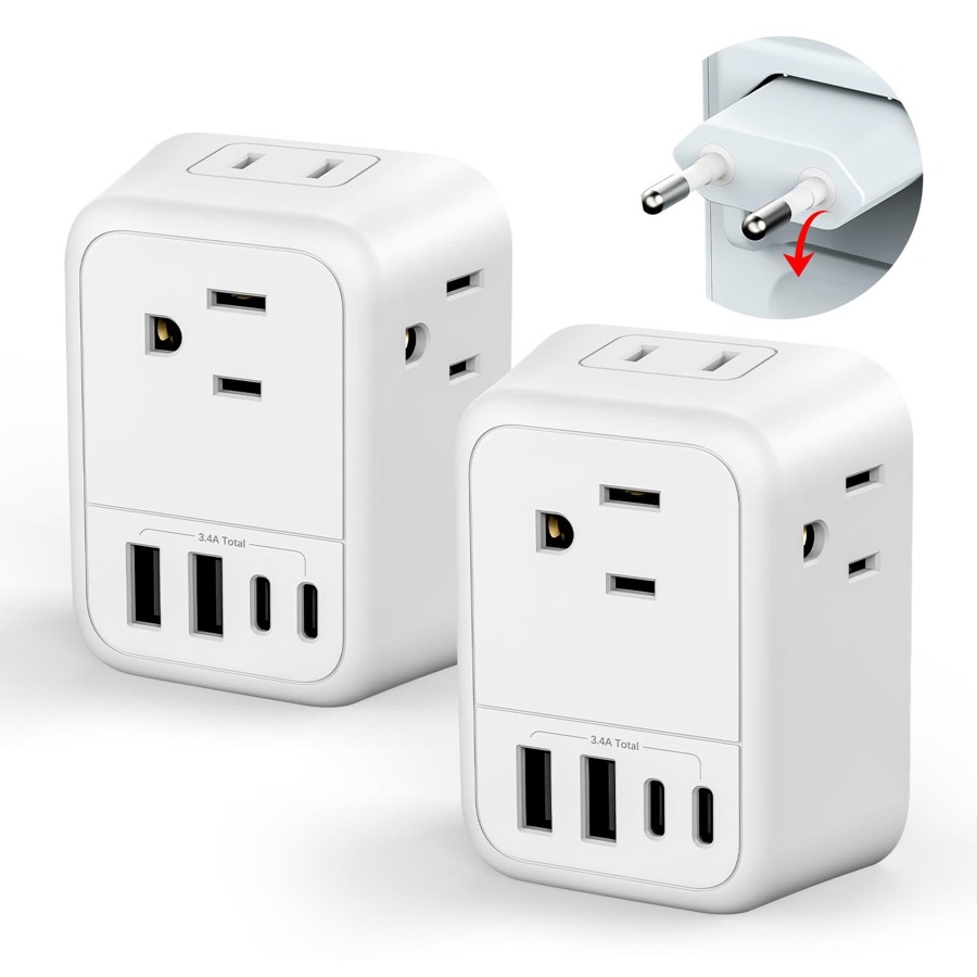 2 Pack European Travel Plug Adapter, FLASHSONIC US to Europe Adapter with 4 AC Outlets 4 USB Charging Ports (2 USB C), Foldable International Power Plug Adapter Travel Essentials to Italy Spain France