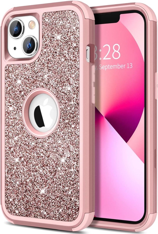 Case for iPhone 13 Case Glitter, Cute Sparkly Shiny Bling Sparkle Cover, Heavy Duty 3 in 1 Hybrid Hard PC Soft TPU Bumper Full Body Shockproof Protective Phone Cases for Women Girls, Rose Gold