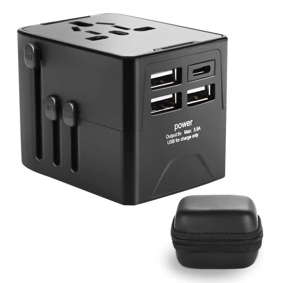 International Travel Adapter Universal Travel Adapter with 6.3A Smart Power 3 USB A + 1 USB C Travel Essentials for US, EU, UK and Australia Travel Adapter AC Outlet Plug with with Carrying Case