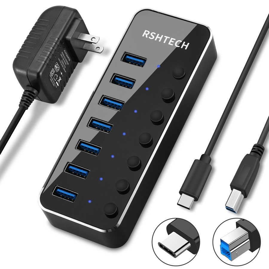 Powered USB HUB RSHTECH Type C to 7 Port USB 3.0 Hub Aluminum Portable Splitter with Individual On/Off Switches (RSH-518C)
