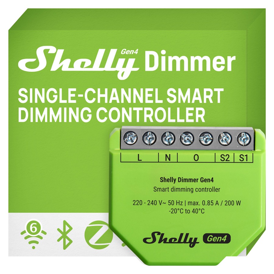Shelly Dimmer Gen4 US, UL-Certified, WiFi, Matter, Bluetooth, Zigbee Smart Dimming, Compatible with Matter, Home Assistant, Alexa, Google Home, HomeKit, Support LED Strips & Lamps, No Hub Required