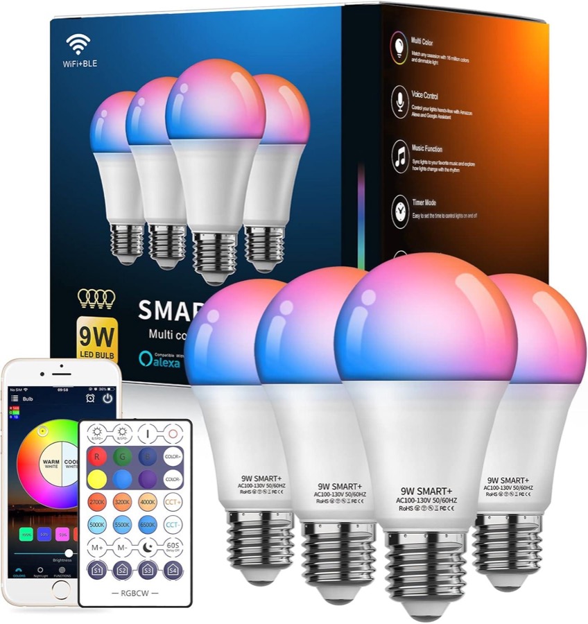 Smart Light Bulbs 4Pack with Remote, A19 E26 800LM LED Color Changing Light Bulb, WiFi & Bluetooth 5.2, Warm to Cool White, Dimmable, RGB Smart Home Lighting Work with Alexa Google Assistant